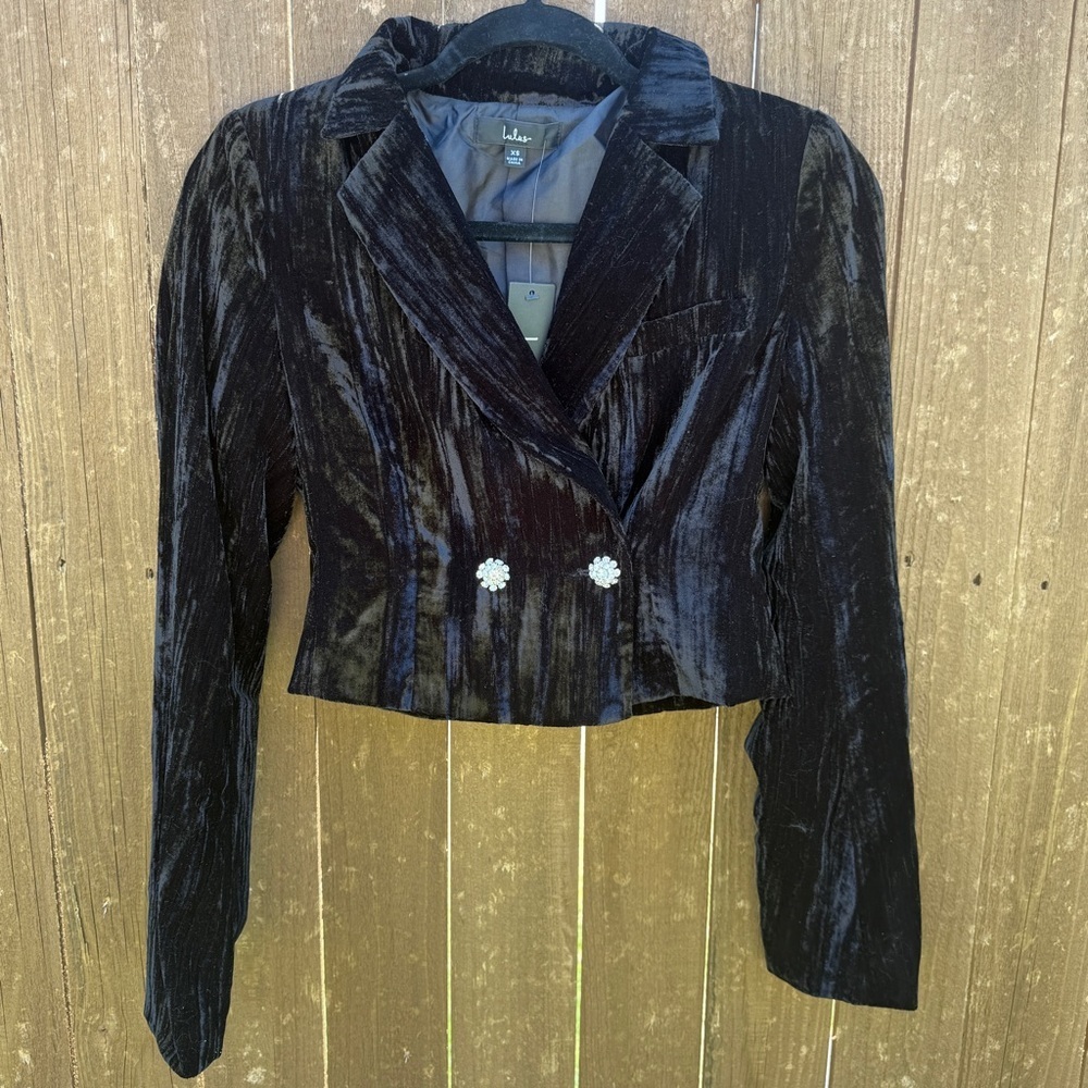 Lulus Cropped Velvet Blazer 🖤 Crystal Button Double-Breasted Jacket NWT